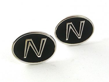 1970's Silvertone & Black Initial / Letter N Cufflinks By HICKK USA 61517