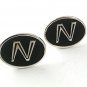 1970's Silvertone & Black Initial / Letter N Cufflinks By HICKK USA 61517