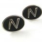 1970's Silvertone & Black Initial / Letter N Cufflinks By HICKK USA 61517
