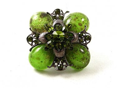 Vintage Silver Tone Green Rhinestones Brooch 121216