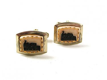 Vintage Gold Tone & White & Black Locomotive Steam Engine Cufflinks 1217