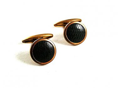 Vintage Goldtone Black Leather Cufflinks 81217