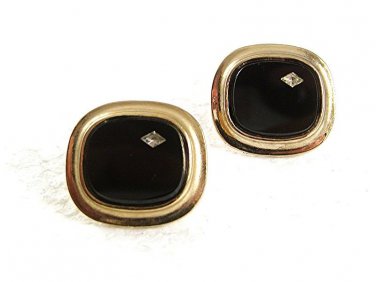 Vintage 1970's Goldtone Black & Rhinestone Cufflinks 8417