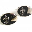 Vintage Silvertone & Black Fleur de Lis Cufflinks 9317