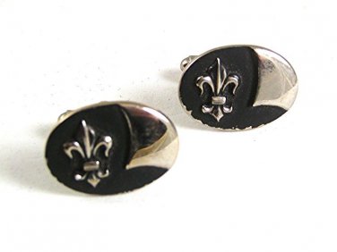 Vintage Silvertone & Black Fleur de Lis Cufflinks 9317