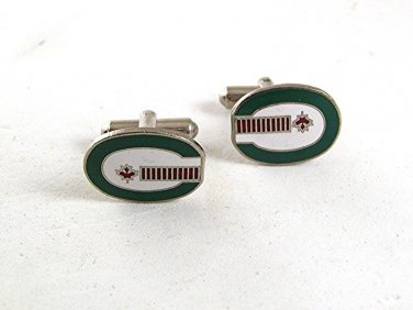 Vintage Silvetone Green Red Canadian Maple Leaf Hockey Cufflinks 9417