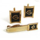 Vintage Goldtone Black Initial Letter Cufflinks & Tie Clasp By HICKOK USA 9317