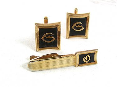 Vintage Goldtone Black Initial Letter Cufflinks & Tie Clasp By HICKOK USA 9317