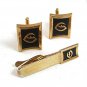 Vintage Goldtone Black Initial Letter Cufflinks & Tie Clasp By HICKOK USA 9317
