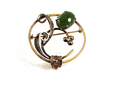 Vintage Sterling Silver Gold Vermeil Jade Brooch By SORRENTO 9417