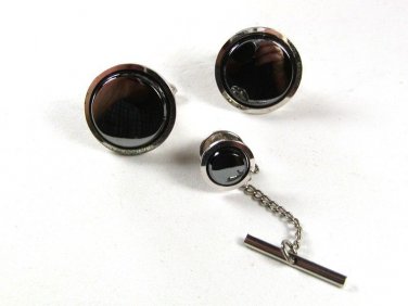 Silvertone & Black Cufflinks & Tie Tac Unbranded 4716