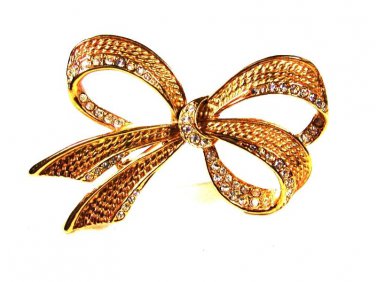Sparkley Goldtone & Rhinestone Bow Brooch by Roman 73115