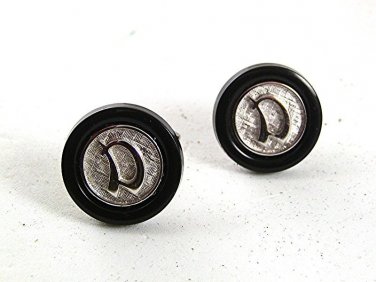 Vintage Silvertone Black Initial / Letter D Cufflinks 81617