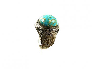Vintage Silver Tone Blue Green Indian Chief Ring Sz 7 1/2 Adjustable 13117