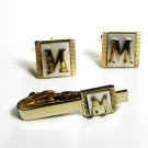 1930's - 50's Goldtone White Letter M Cufflinks & Tie Clasp Unbranded 102715