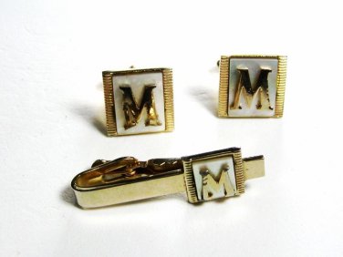 1930's - 50's Goldtone White Letter M Cufflinks & Tie Clasp Unbranded 102715