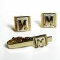 1930's - 50's Goldtone White Letter M Cufflinks & Tie Clasp Unbranded 102715