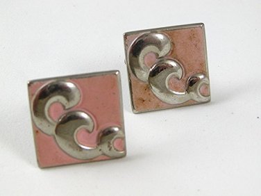 1950's Mid Century Modern Silver Tone & Pink Cufflinks 11516