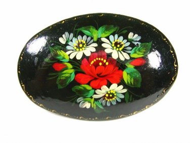 Handmade Russian Group Flowers Red White Lacquered Wood Brooch Signed 9815