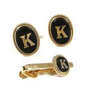 Vintage Goldtone Black Initial Letter K Cufflinks & Matching Tie Clasp 52917