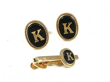 Vintage Goldtone Black Initial Letter K Cufflinks & Matching Tie Clasp 52917