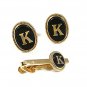 Vintage Goldtone Black Initial Letter K Cufflinks & Matching Tie Clasp 52917