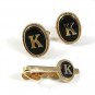 Vintage Goldtone Black Initial Letter K Cufflinks & Matching Tie Clasp 52917