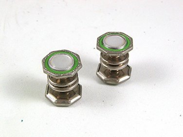 Art Deco Mother Pearl & Green Silvertone Cufflinks By SNAP LINK 52917