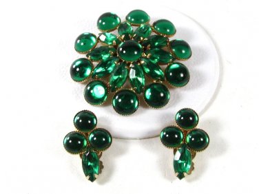 1950's Sparkly Green Rhinestone Brooch & Clip On Earrings Unbranded 51616