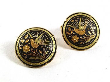 Vintage Goldtone & Black Damascene Bird of Paradise Cufflinks 91317