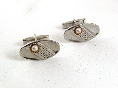 Vintage Silvertone Faux Pearl Cufflinks 81617
