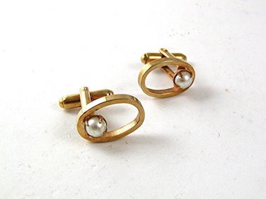 Vintage Gold Tone & Faux Pearl Cufflinks By MANLEIGH USA 1317