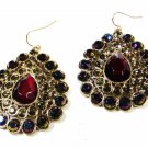 Large Sparkley Purple Red & Goldtone Dangley Pierced Earrings Unbranded 8315