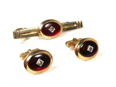 Gold Tone & Red Cufflinks & Tie Clasp Cufflinks by ANSON 1216