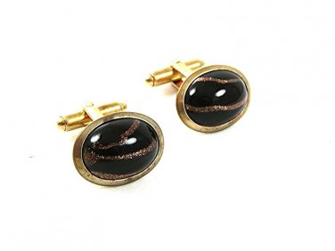 Vintage Goldtone Black With Gold Streaks Cufflinks 31817