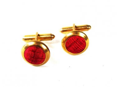 Vintage Gold Tone & Red/Pinkish ? Cloth Cufflinks 8916