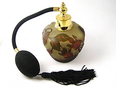Gold Tone Orange & Green Art Glass Flowers Perfume Bottle & Atomizer 1117ab