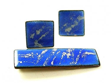 Mid Century Modern Blue Enameled Cufflinks & Tie Clasp 1317