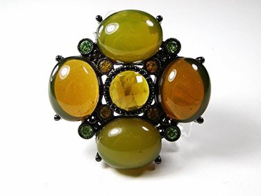 Vintage Black Back Green Orange Rhinestones Brooch 121216
