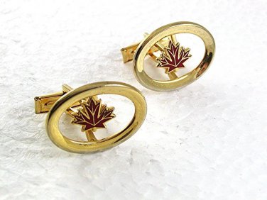 Vintage Goldtone Red Maple Leaf Cufflinks 8917