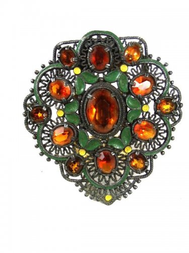 Huge Deco Goldtone Green Yellow Enameled Amber Rhinestone Clip Unbranded