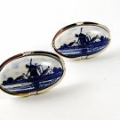 Vintage Silver Tone Blue White Delft Dutch Windmill Cufflinks 102716