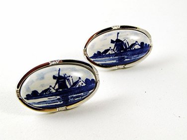 Vintage Silver Tone Blue White Delft Dutch Windmill Cufflinks 102716