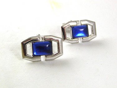Vintage Silvertone & Blue Cufflinks By ANSON PAT. PEND. 6217
