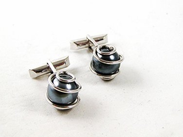 1980's Silver Tone Faux Gray Pearls Cufflinks 93016