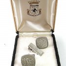 Vintage Silvertone Cufflinks & Tie Clasp In Box By PIONEER 61217