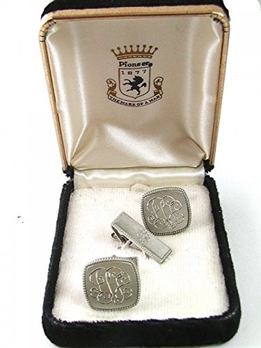 Vintage Silvertone Cufflinks & Tie Clasp In Box By PIONEER 61217