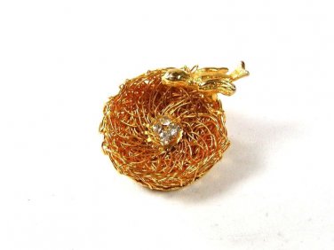 Gold Tone Bird In Nest & Rhinestones 4 Eggs Brooch By Direction One 8116