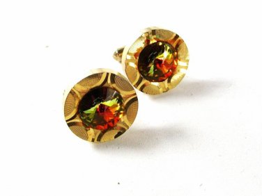 1970's Goldtone & Sparkly Watermelon Rhinestone Cufflinks Unbranded 41216