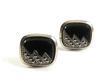 Vintage Silvertone Black Marcasites Cufflinks 101717